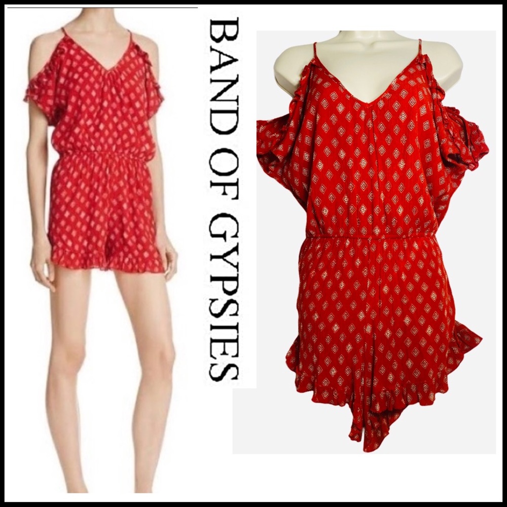 BAND OF GYPSIES RED PRINT COLD SHOULDER ROMPER S - Picture 1 of 9